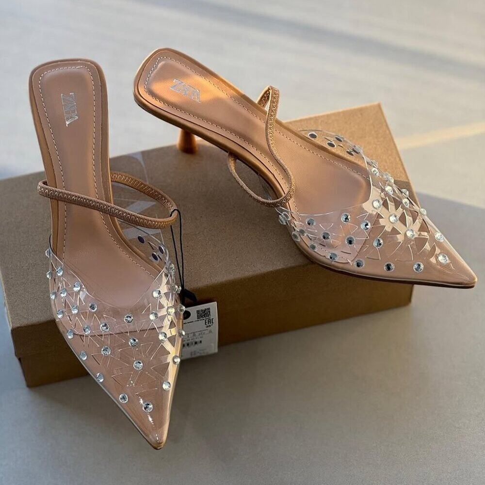 ZARA Rhinestone Slingback Heels NWT Clear Vinyl Pointed Toe Bridal Shoes Size 8 - Picture 8 of 16